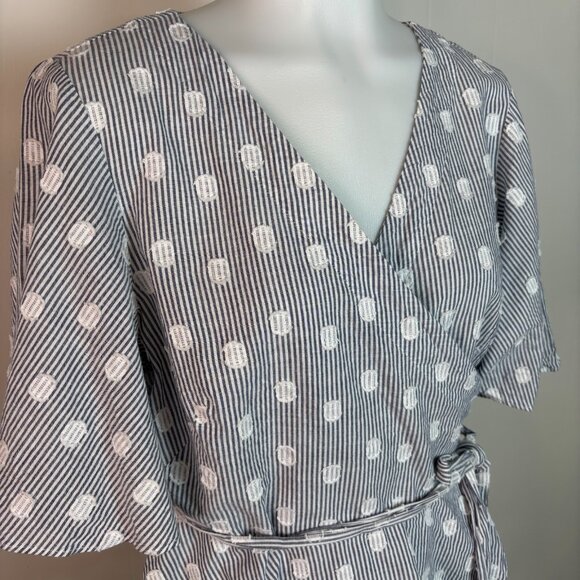 LOFT Wrap Top Medium Blue White Striped Polka Dot Short Sleeve Cotton Blouse - Picture 2 of 9
